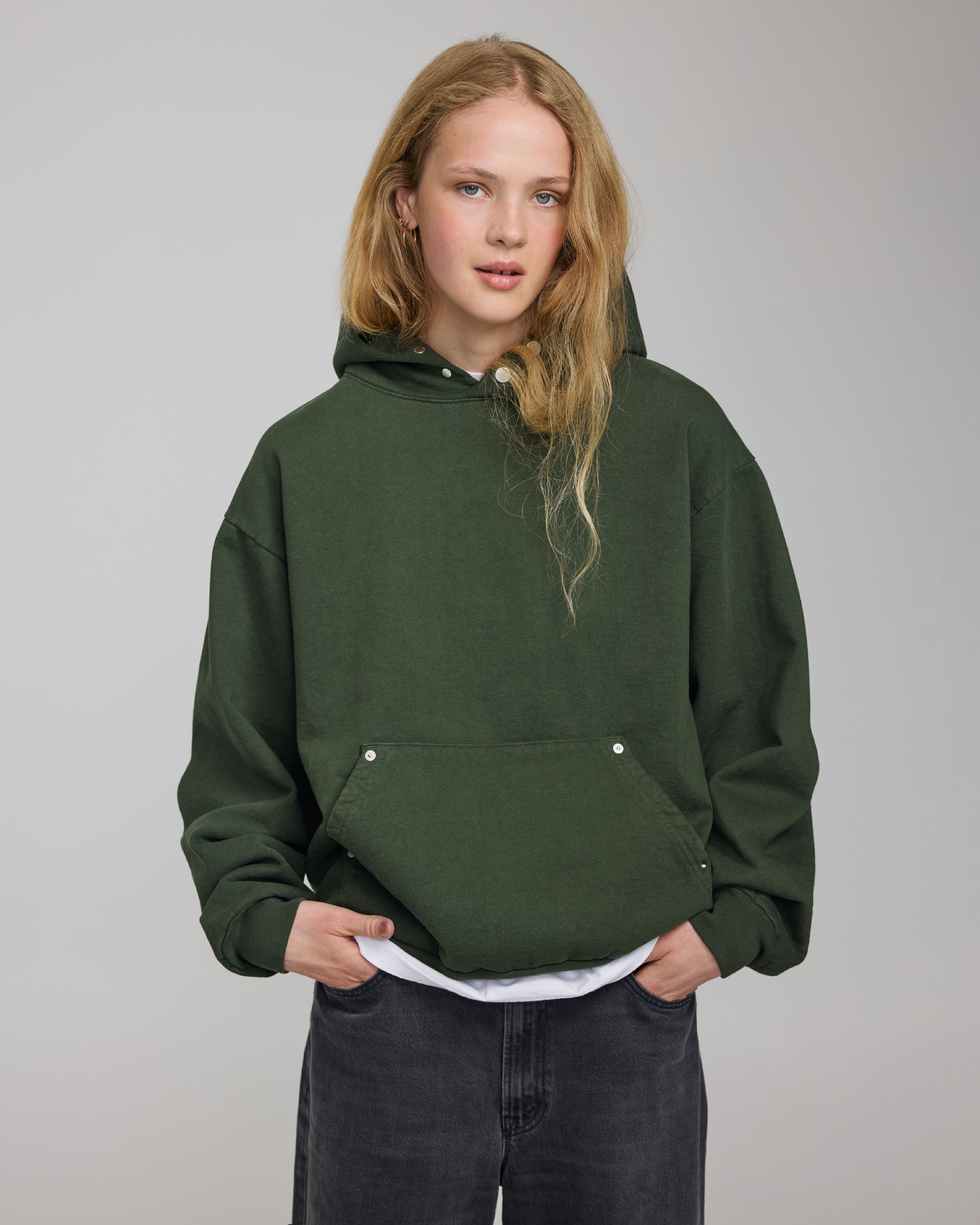 COTTON SNAP HOODIE DEEP GREEN